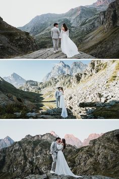 the bride and groom are standing on rocks in the mountains