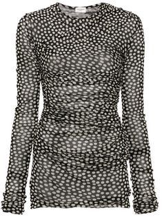 black/ecru tulle semi-sheer construction polka dot print ruched detailing round neck long sleeves thigh-length Chic Leather, Vestido Casual, Polka Dot Print, Dot Print, Day Dresses, Polka Dot, The Dress, Saint Laurent, Fashion Branding