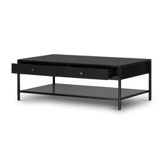 a black coffee table with two drawers on each side and an open shelf underneath it