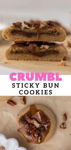 some cookies are stacked on top of each other with the words crumbl sticky bun cookies