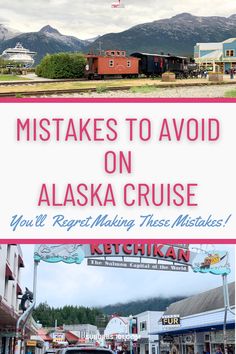 an advertisement for alaska cruise on the side of a road with mountains in the background