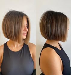 Bob Hair Colors Ideas, Chin Length Bob Brown Hair, Textured Bob With Highlights, Before And After Bob Hairstyles, Chin Length A Line Bob, Below Chin Length Hair, Slightly Stacked Bob, Hair Cuts For Fine Thinner Hair, Chin Length Hair Bob