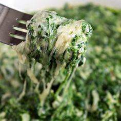 a fork full of spinach and cheese in a bowl