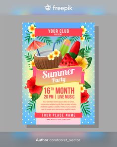 a flyer for a summer party with flowers and fruit on the table, including an umbrella