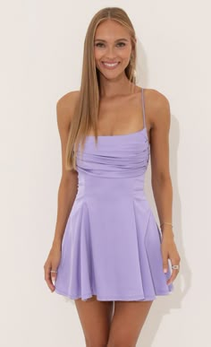 Dora A-Line Dress in Purple | LUCY IN THE SKY Homecoming Dresses For Teens, Satin Homecoming Dress, Backless Mini Dress, Grad Dresses, Dress Spaghetti, Dress With Tie, Lavender Purple, Hoco Dresses, Mini Dresses Summer