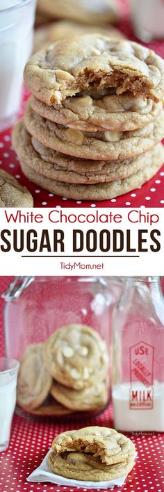 white chocolate chip sugar doodles are stacked on top of each other with milk in the background