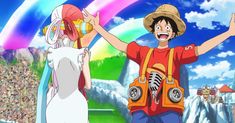 two anime characters are standing in front of a colorful sky and rainbows, one is holding his arms up