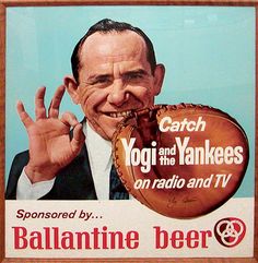 an advertisement for the yogi and yankees on radio and tv, featuring a man in a suit holding up a baseball glove