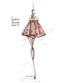 a drawing of a woman in a dress with flowers on the skirt and shoes hanging from it