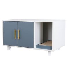 a white and blue cabinet with two doors