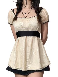 Sunisery Women's Vintage Lace Flower Dress Tops Elegant Puff Short Sleeve Square Neck Babydoll Tunic Mini Dress White XL - Walmart.com 2000s Aesthetic Outfits, Lace A Line Dress, Vintage Girls Dresses, Line Dresses, Kawaii Dress, Slim Fit Top, A Line Dresses, Fairy Grunge, Mode Inspo