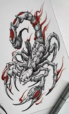 a drawing of a scorpion with red flames on it