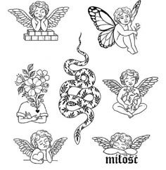 tattoos with angels and flowers on them are shown in black and white, as well as the