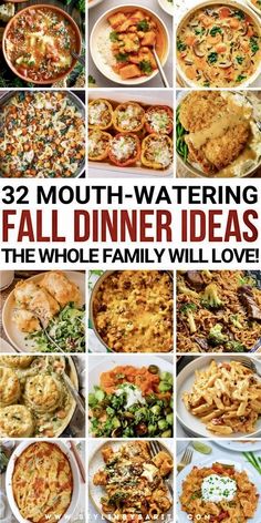 many different dishes with the words 32 mouthwatering fall dinner ideas for the whole family will love