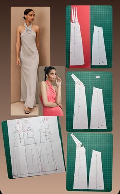 four different views of a woman's dress and sewing pattern