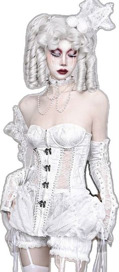 a woman with white hair and makeup wearing a corset