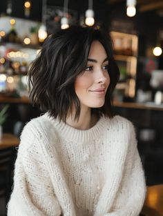 Medium Bob Hairstyles For Thick Hair Layered Lob With Bangs, Women’s Short Dark Hair, Haircuts For Oval Faces Women, Bobbed Hair With Fringe, Textures Haircut Medium, Dark Bob With Highlights Balayage, Lob Hairstyle With Curtain Bangs, Medium Short Hair Thick Hair, Bob Haircut With Layers And Bangs