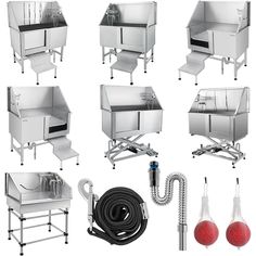 several different types of commercial kitchen equipment including sink, drainer and faucet