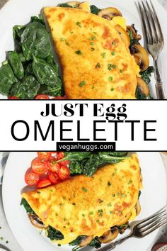 an omelette on a white plate with spinach and tomatoes next to it