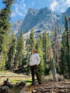 a man standing on top of a log in the woods next to a large mountain