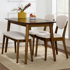 4-Piece Mid-Century Modern Upholstered Wooden Dining Set w/ 2 Chairs Mid Century Table Dining, Cushion Chairs, Walnut Cream, Cream Cushions, Apartment Dining, Wooden Dining Set, Kitchen Table Chairs, Mid Century Modern Wood, Dining Room Table Set