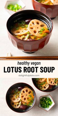 a bowl of lotus root soup with red dates (jujubes) and goji berries Lotus Root Soup, Root Soup, Vegetarian Japanese, Resep Vegan, Asian Soup Recipes, Vegan Japanese, Asian Breakfast