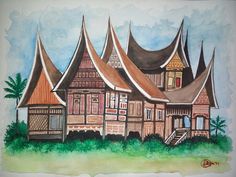 this is a drawing of a house in watercolor and ink on paper, it appears to be an old style building