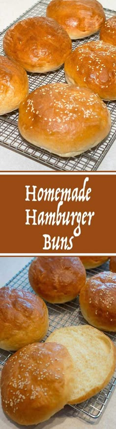 homemade hamburger buns on cooling rack with text overlay that reads homemade hamburger buns