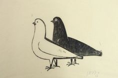 two birds standing next to each other on top of a white sheet with black ink