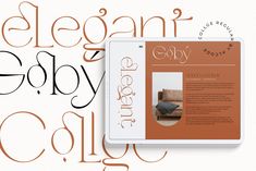 an orange and white typeface with the words, elegance & glory on it's side