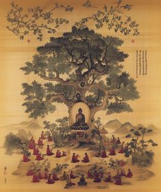 Tapestry of Buddha teaching Arhat under the Bodhi Tree Buddha Under Bodhi Tree Art, Buddha Under Tree, Buddhist Aesthetic, Buddhism Teachings, Buddha Aesthetic, Buddhism Aesthetic, Buddha Pics, Bodhi Day, Bodhi Tree Art