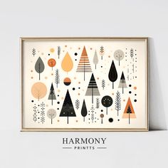 a framed art print with trees and dots on it's sides, in gold frame