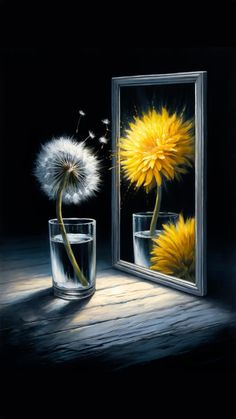 a dandelion in front of a mirror with water