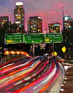 an oil painting of freeway signs in the city