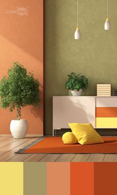 an orange and yellow color scheme in a living room with furniture, potted plants, and bookshelf