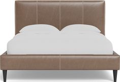 a bed with white sheets and brown leather headboard on top of it, in front of a white background