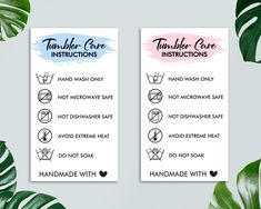 two handwritten instructions for tumbler care instructions on a white background with monster leaves