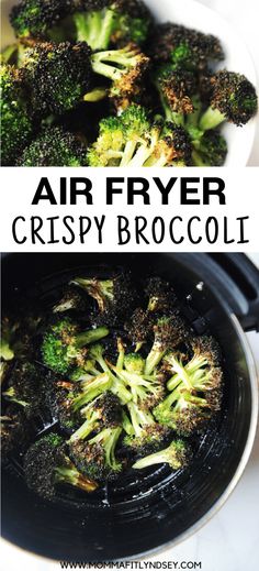 air fryer crispy broccoli in a skillet with the words air fryer crispy broccoli