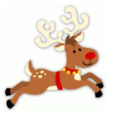 a reindeer is running and wearing a red collar with gold bells on it's antlers