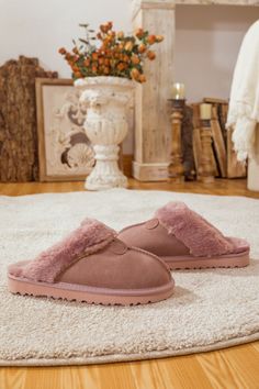 Deliver convenient slip-on comfort to their weekend mornings with these soft suede slippers designed with a cozy wool lining and durable rubber sole for indoor/outdoor use. Pairs perfectly with our chesterfield knit sweater or snug fleece lounge sets. 0.78'' heel Slip-on 100% leather upper 100% Wool lining Rubber sole Feature: Lightweight, ultra-soft fully woolen lined, anti-skid rubber sole. Super Soft Pink Slip-on Slippers, Super Soft Slip-on Comfy Slippers, Comfy Slip-on Super Soft Slippers, Super Soft Slip-on Slippers For Indoor Use, Super Soft Slip-on Comfortable Slippers, Cozy Pink Indoor Slippers, Cozy Pink Slippers With Round Toe, Cozy Pink Round Toe Slippers, Pink Cushioned Platform Slippers With Round Toe