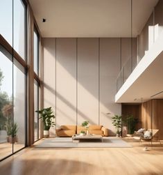 an empty living room with large windows and wooden flooring on the walls, along with modern furniture