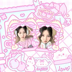 two girls with headphones on in front of a hello kitty wallpaper and another girl holding a cell phone up to her ear