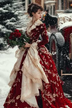 Such a stunning portrait of a gorgeous young Victorian woman at Christmas headed to the ball in a red brocade velvet gown edged in cream lace and with gold accents carrying a red rose bouquet. The portrait captures the snow falling and a mansion and antique car in the background. This makes a beautiful framed piece of art to hang in your hallway or bedroom during the Christmas season. Can also be used to print your own Christmas cards, Christmas tags, thank you note cards, shower or wedding invi Christmas Printable Art, Poster Christmas, A Line Bridal Gowns, Snow Falling, Victorian Dresses, Red Rose Bouquet, A Mansion, Velvet Gown, Antique Car