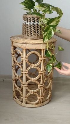 a woman is placing a basket on top of a plant potted in a wicker stand