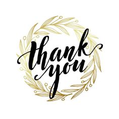 thank you handwritten lettering in a circle with gold leaves and wreath on white background