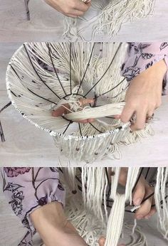 two pictures showing how to make a macrame basket with yarn and cottons