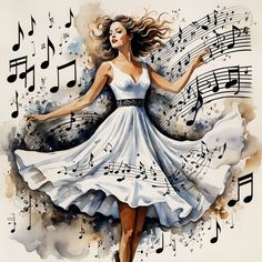 a watercolor painting of a woman in a dress with musical notes around her neck