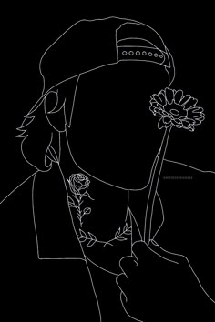 a black and white drawing of a person holding a flower