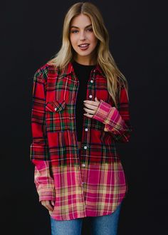 "The perfect arrangement of holiday colors wrapped up in one flannel! Our new red, green, blue and yellow plaid flannel with bleached dipped contrast is a must have for your casual holiday gatherings this season! Red, green, blue and yellow plaid flannel Bleached dipped contrast Button closure Slits on each side Imported garment Designed in the U.S.A. Produced in India.  100% Cotton SIZE CHART S: Bust: 38\" / Length: 28\" M: Bust: 40\" / Length: 29\" L: Bust: 42\" / Length: 30\" XL: Bust: 44\" / Ombre Flannel Shirt, Christmas Flannel, Ombre Fashion, Flannel Women, Fall Clothes, Yellow Plaid, Holiday Colors, Plaid Fashion, Plaid Flannel Shirt