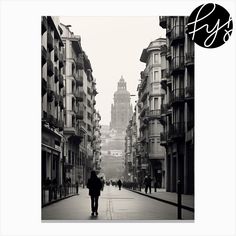 a black and white photo of a person walking down a street in front of tall buildings